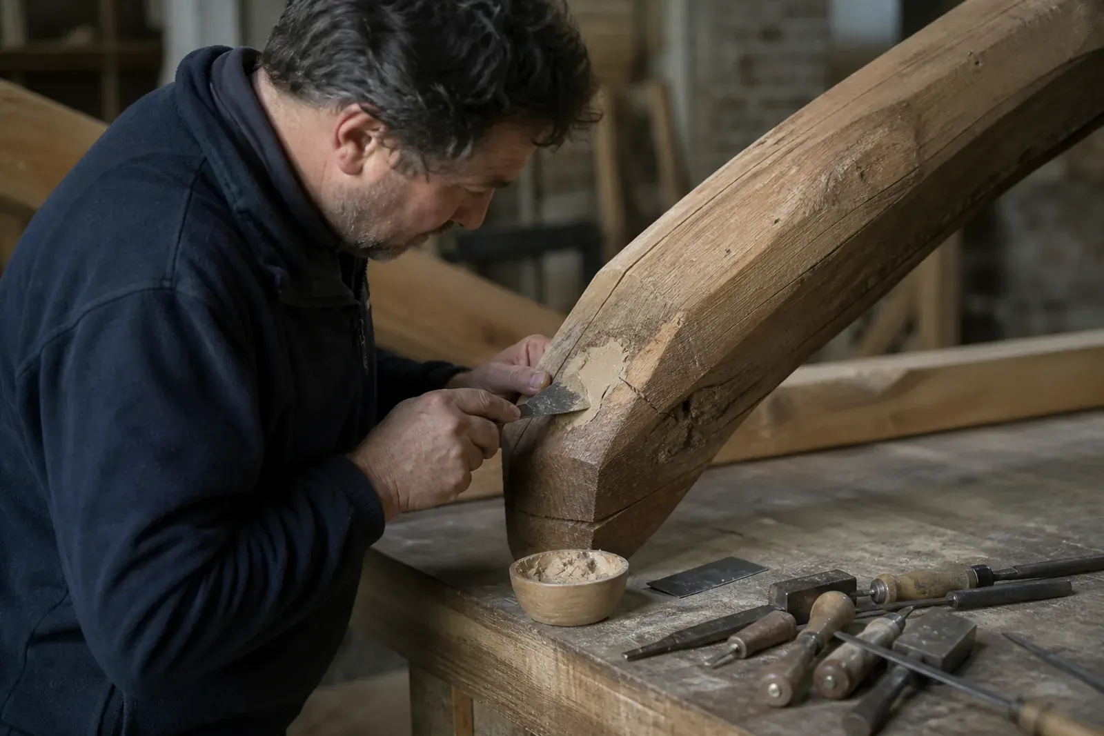 Stuccatura di una trave in legno durante il restauro