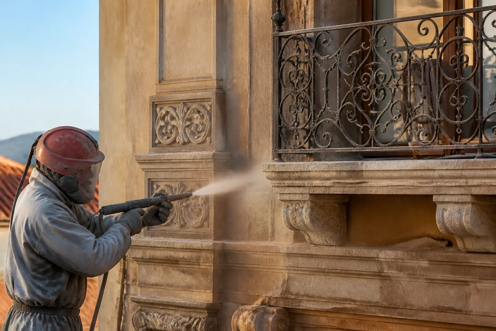 Balcone e facciata dopo una sabbiatura delicata