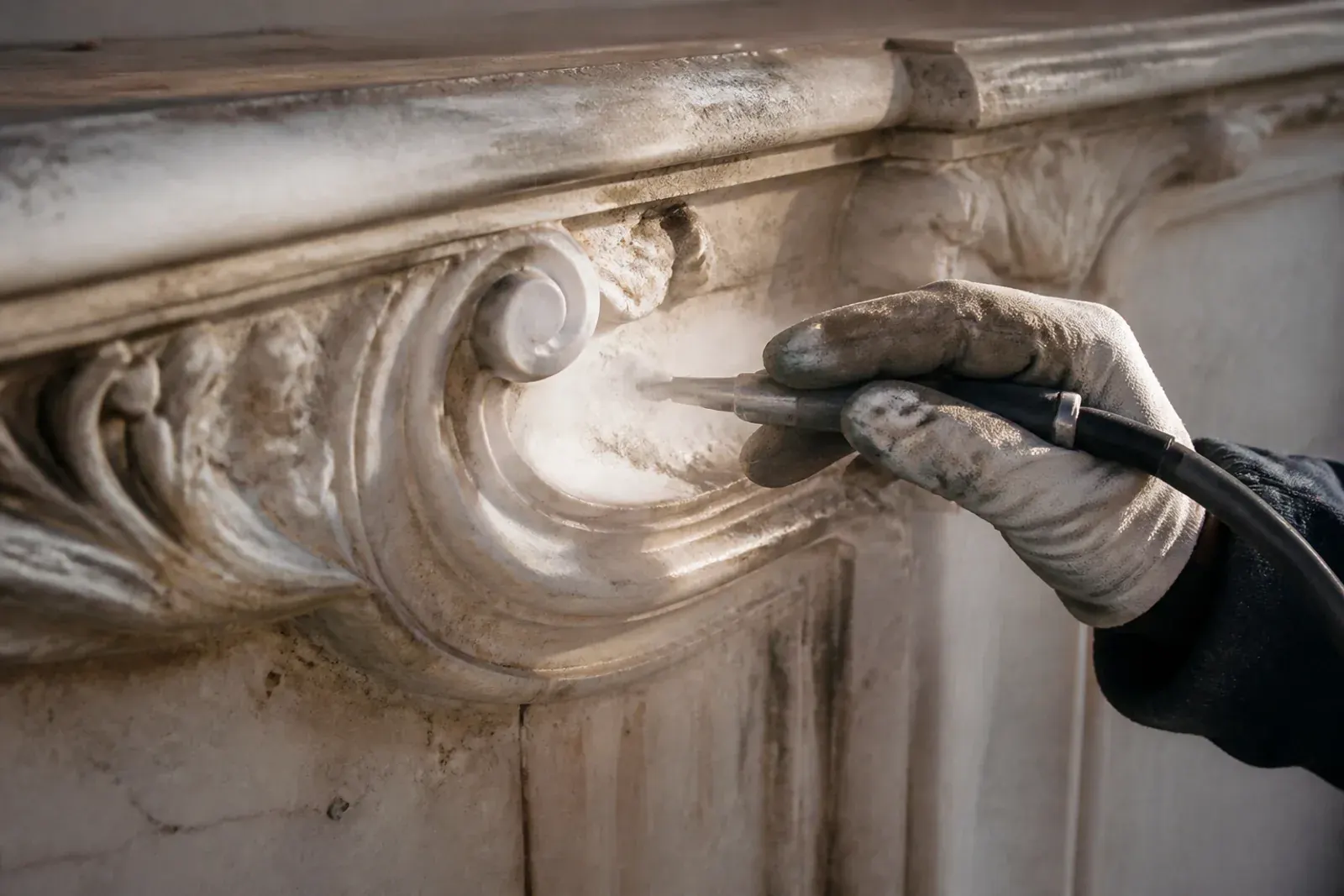 Sabbiatura della pietra: cornice in marmo dopo la pulizia